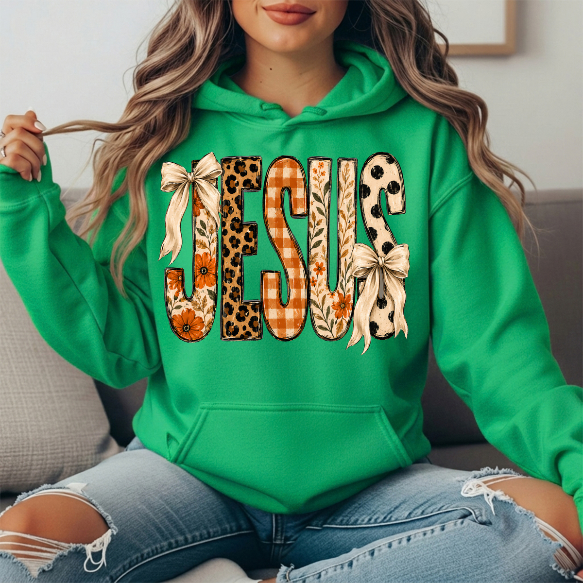Jesus Patchwork Floral & Bow Graphic Hoodie