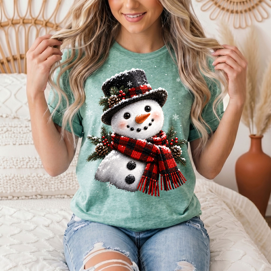 Snowman Buffalo Plaid Scarf Christmas Graphic Tee