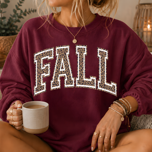 Fall Leopard Print Varsity Crewneck Sweatshirt