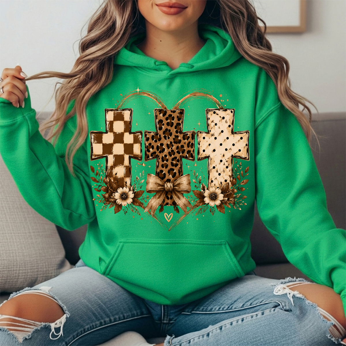 Three Crosses Leopard Floral Bow Graphic Hoodie
