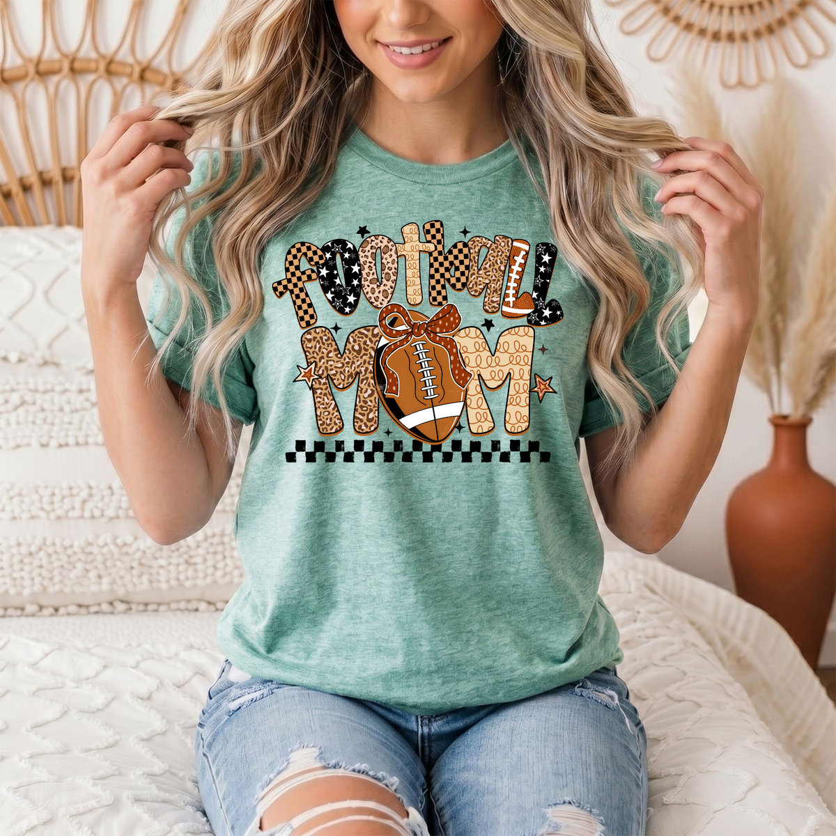 Football Mom Mixed Print Bow & Checkerboard Graphic Tee
