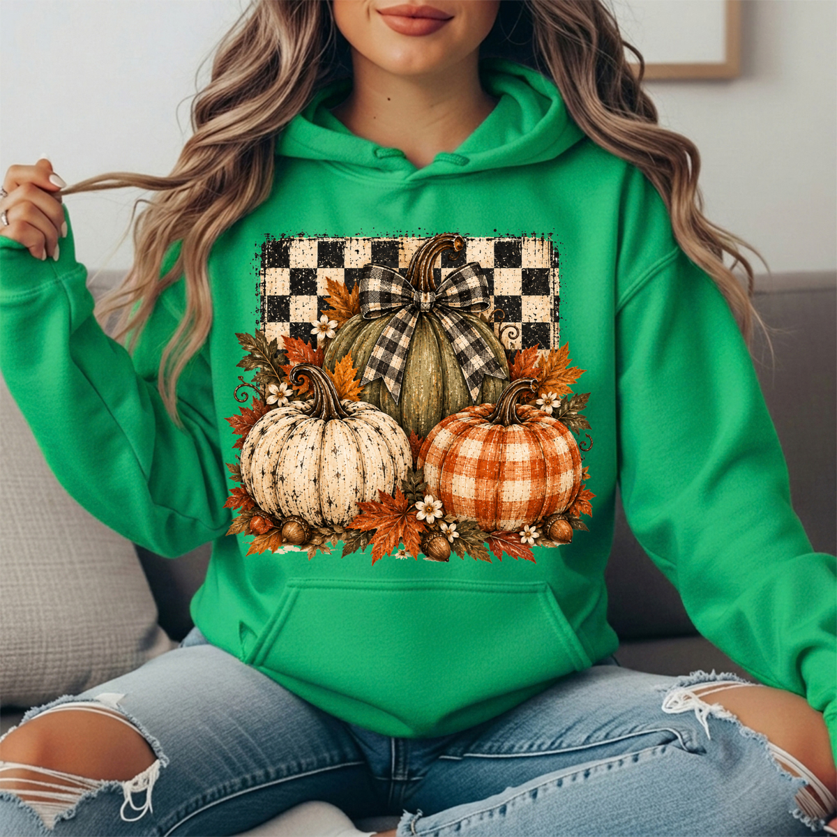 Rustic Fall Pumpkins Buffalo Check Bow Graphic Hoodie