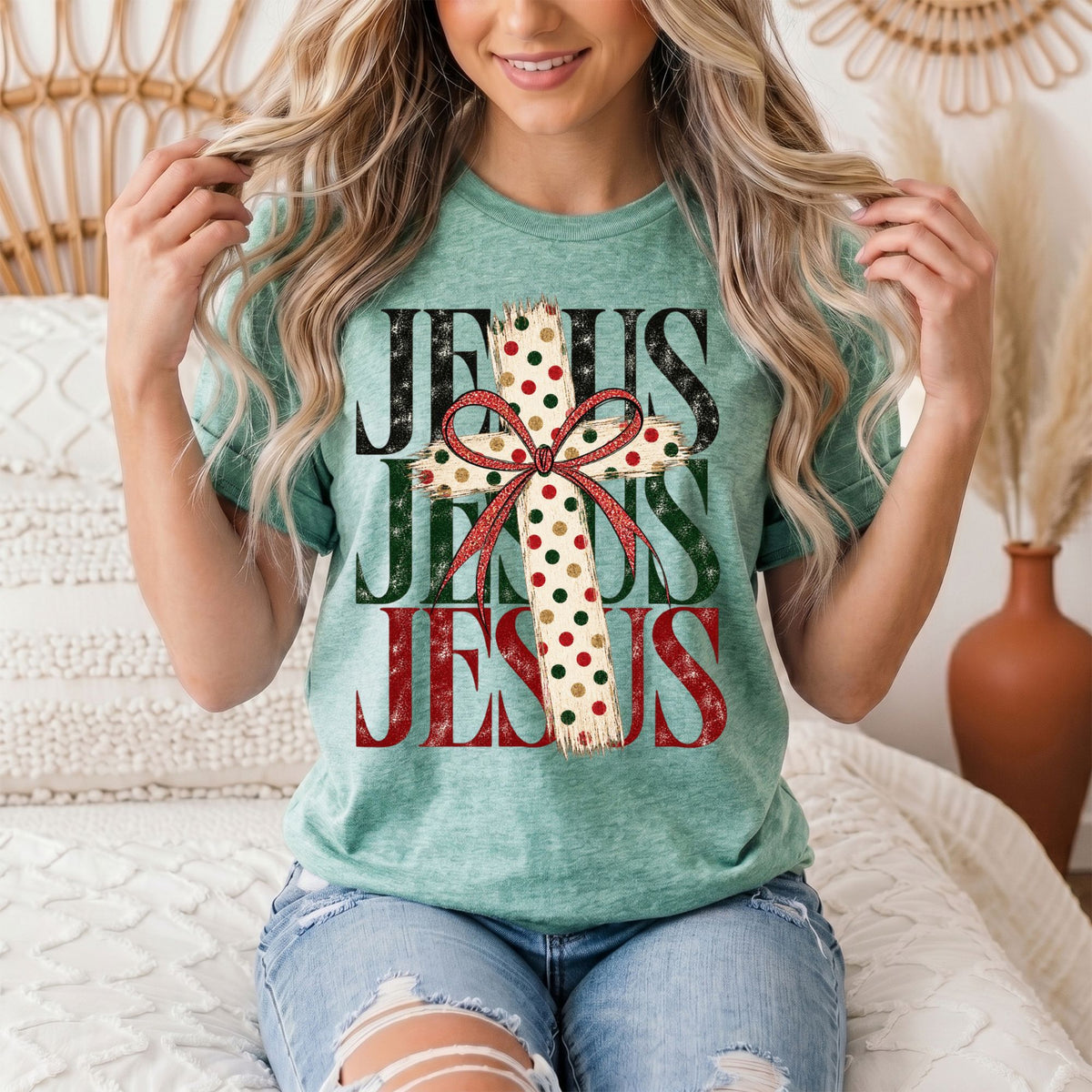 Jesus Christmas Cross & Bow Graphic Tee