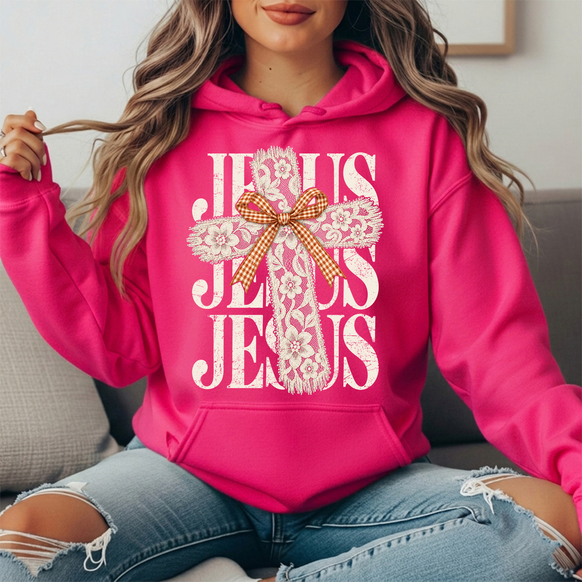 Jesus Floral Lace Cross & Gingham Bow Graphic Hoodie