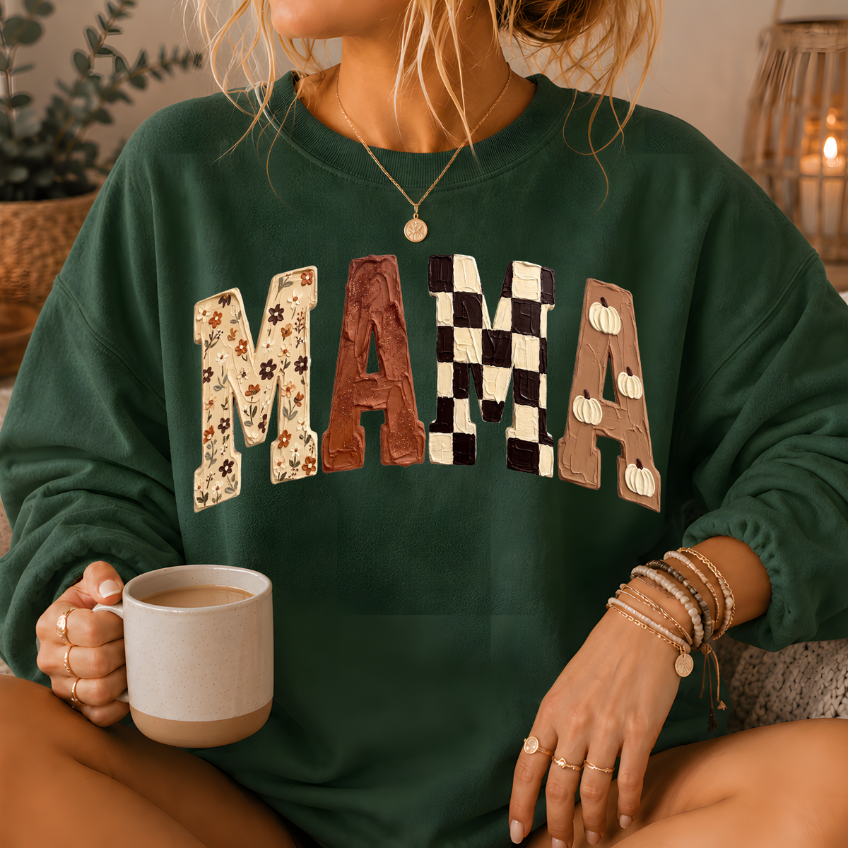 Mama Fall Patchwork Print Crewneck Sweatshirt