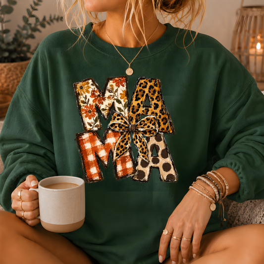 Mama Mixed Print Bow Crewneck Sweatshirt