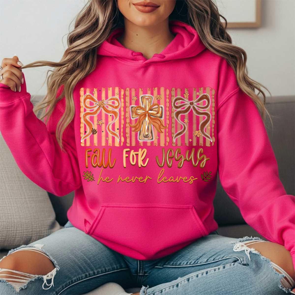 Fall for Jesus He Never Leaves Bow Cross Graphic Hoodie