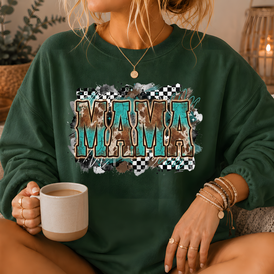 Mama Turquoise Cow Print Western Crewneck Sweatshirt