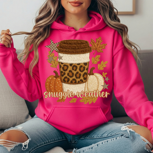 Snuggle Weather Faux Embroidery Coffee Hoodie Sweatshirt