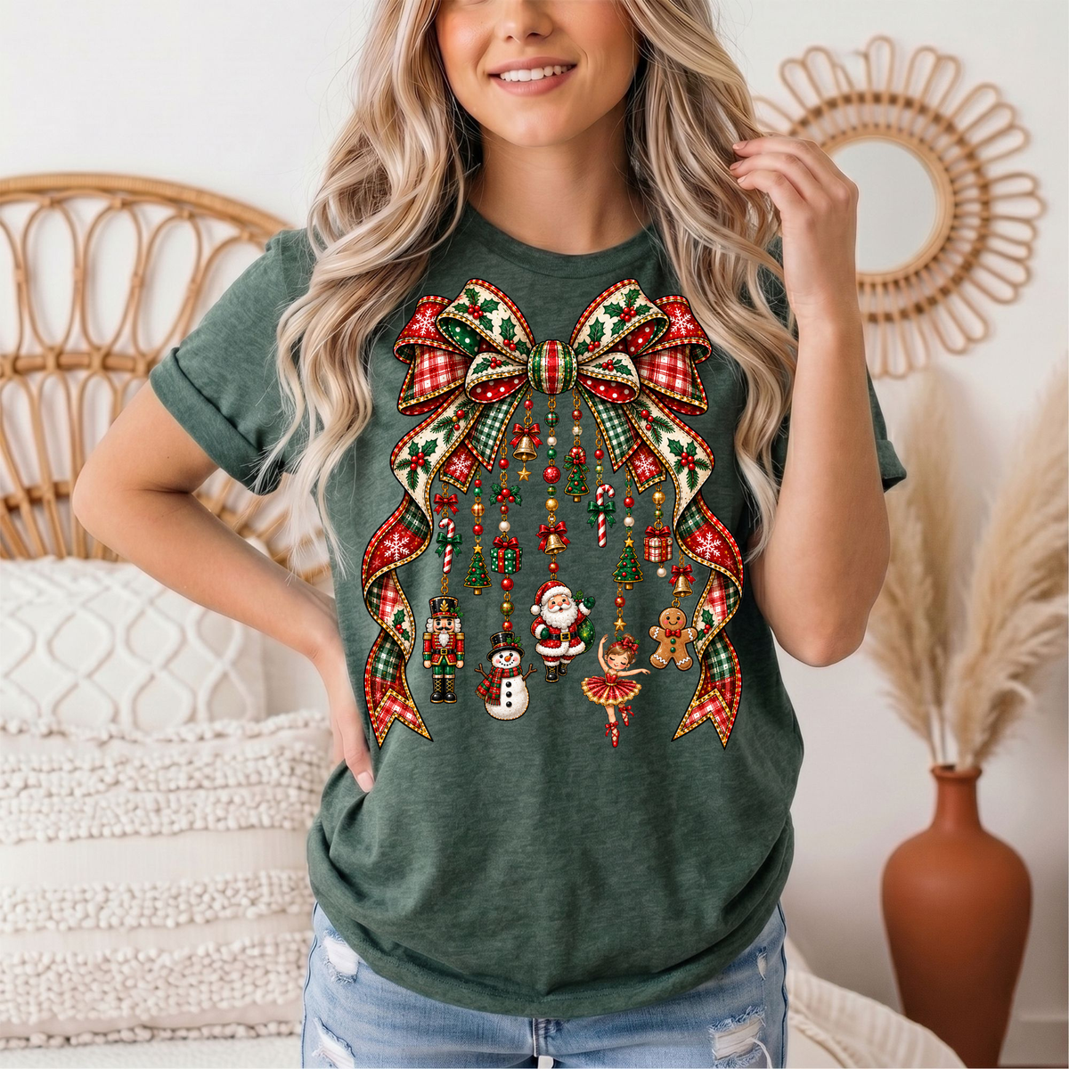 Christmas Plaid Bow & Holiday Charms Graphic Tee