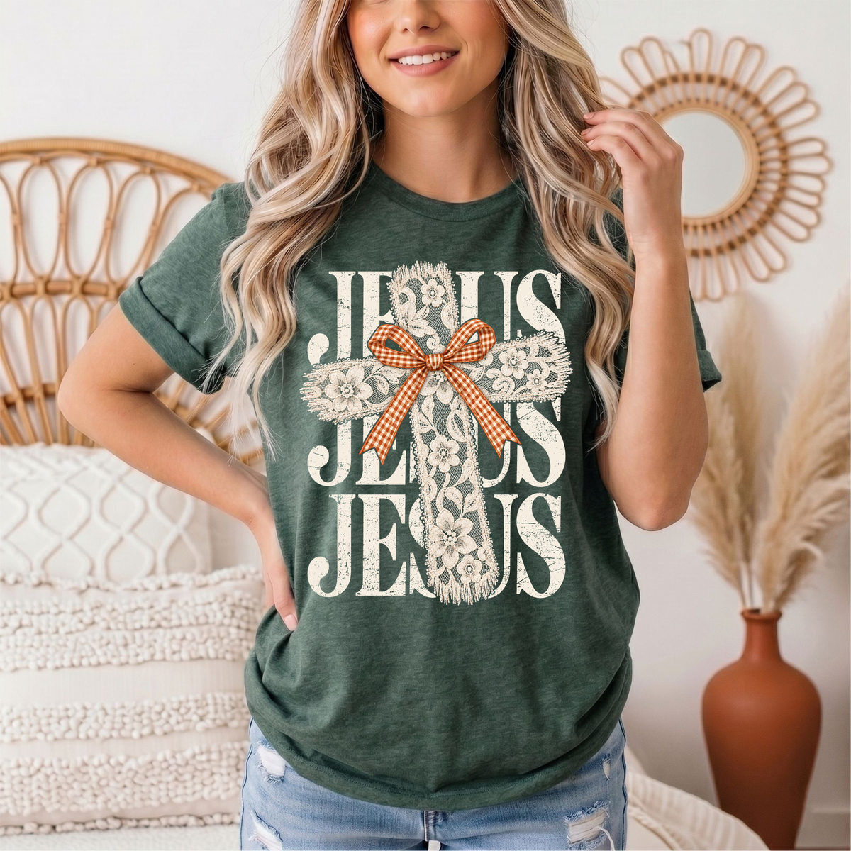 Jesus Lace Cross & Gingham Bow Christian Graphic Tee