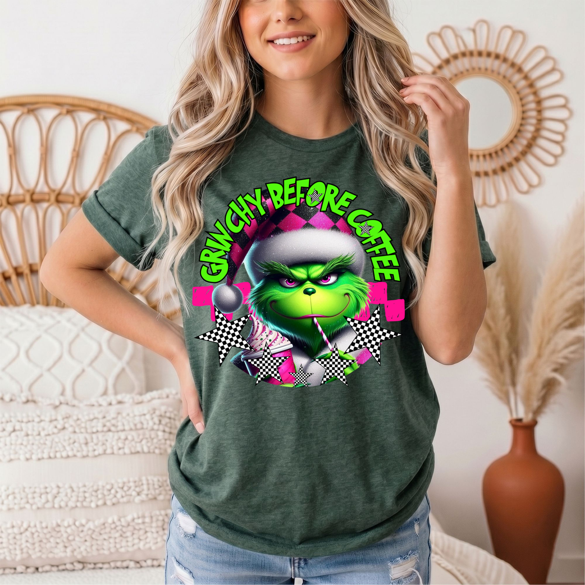 Grinchy Before Coffee Pink Checkerboard Christmas Graphic Tee