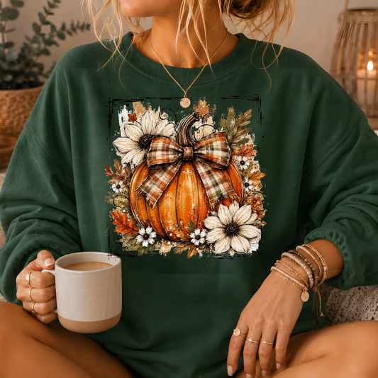Pumpkin Plaid Bow Floral Crewneck Sweatshirt