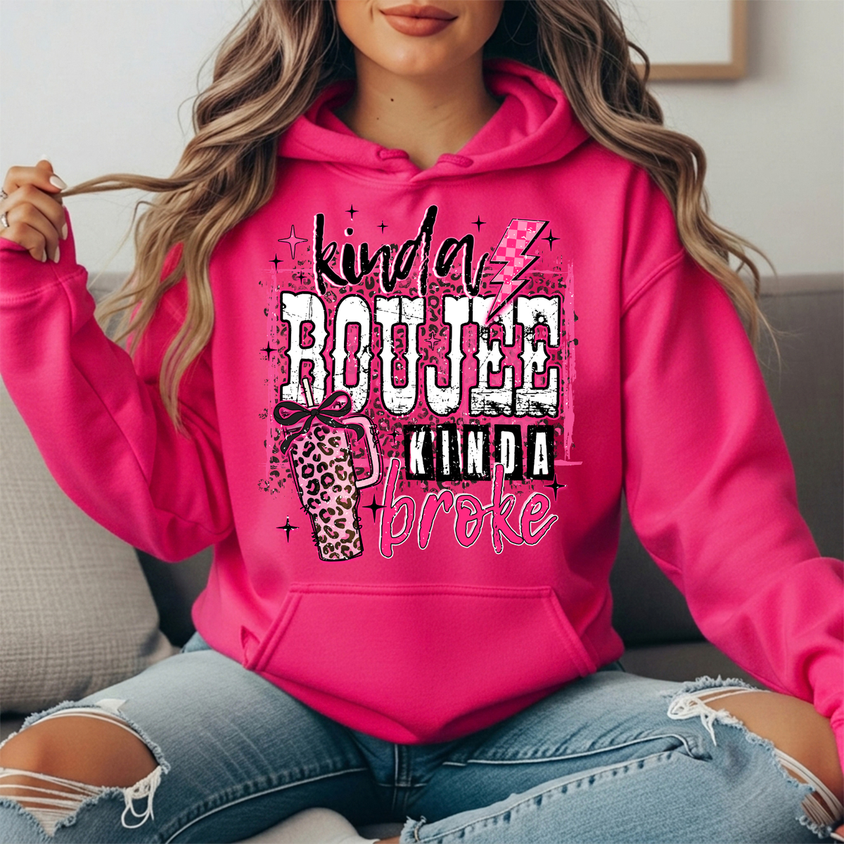 Kinda Boujee Kinda Broke Pink Leopard Graphic Hoodie