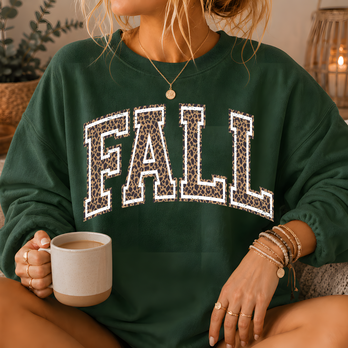 Fall Leopard Print Varsity Crewneck Sweatshirt