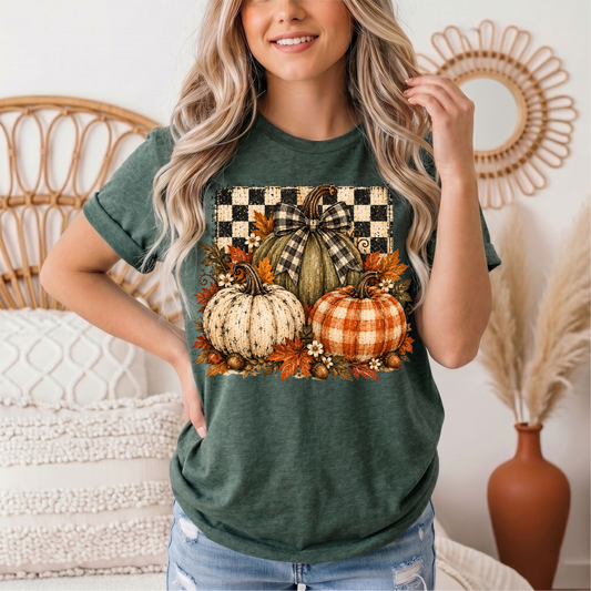 Rustic Fall Pumpkin Trio & Gingham Bow Graphic Tee