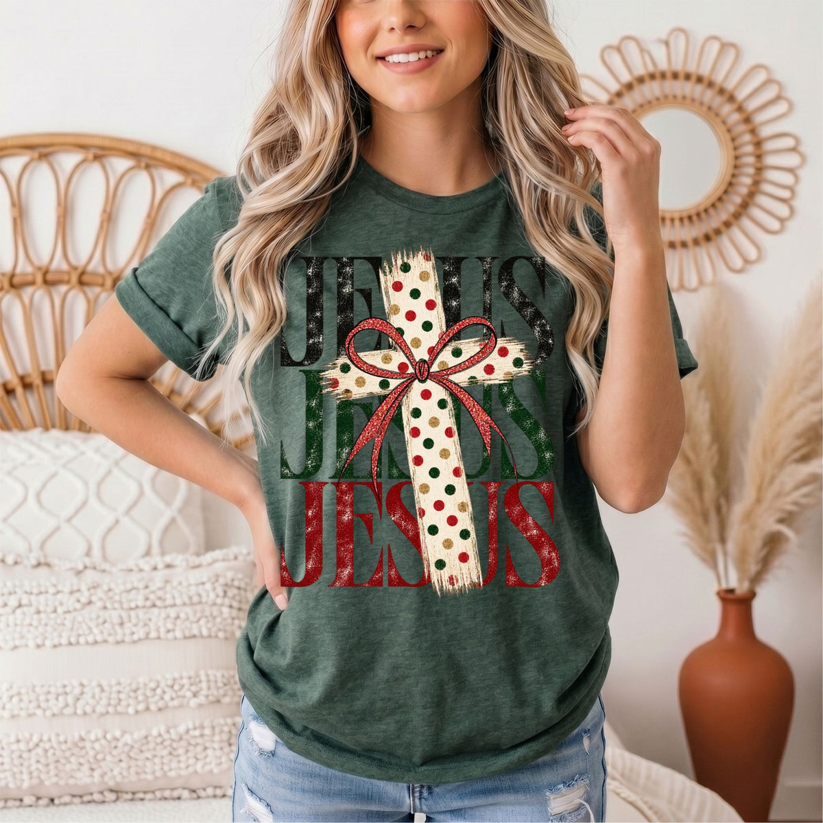 Jesus Christmas Cross & Bow Graphic Tee