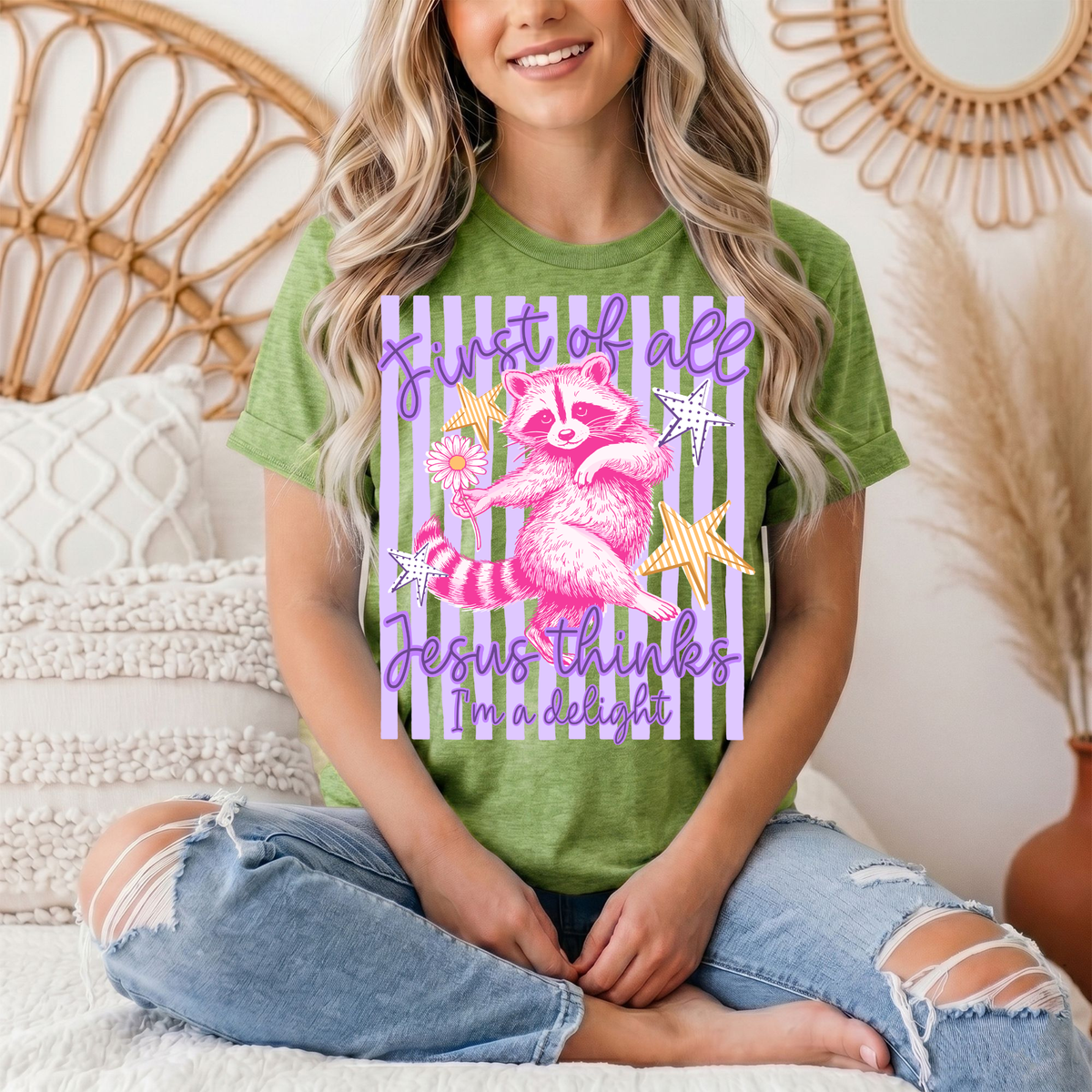 Jesus Thinks I'm a Delight Pink Raccoon Graphic Tee