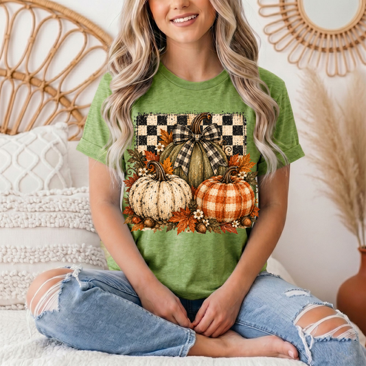 Rustic Fall Pumpkin Trio & Gingham Bow Graphic Tee