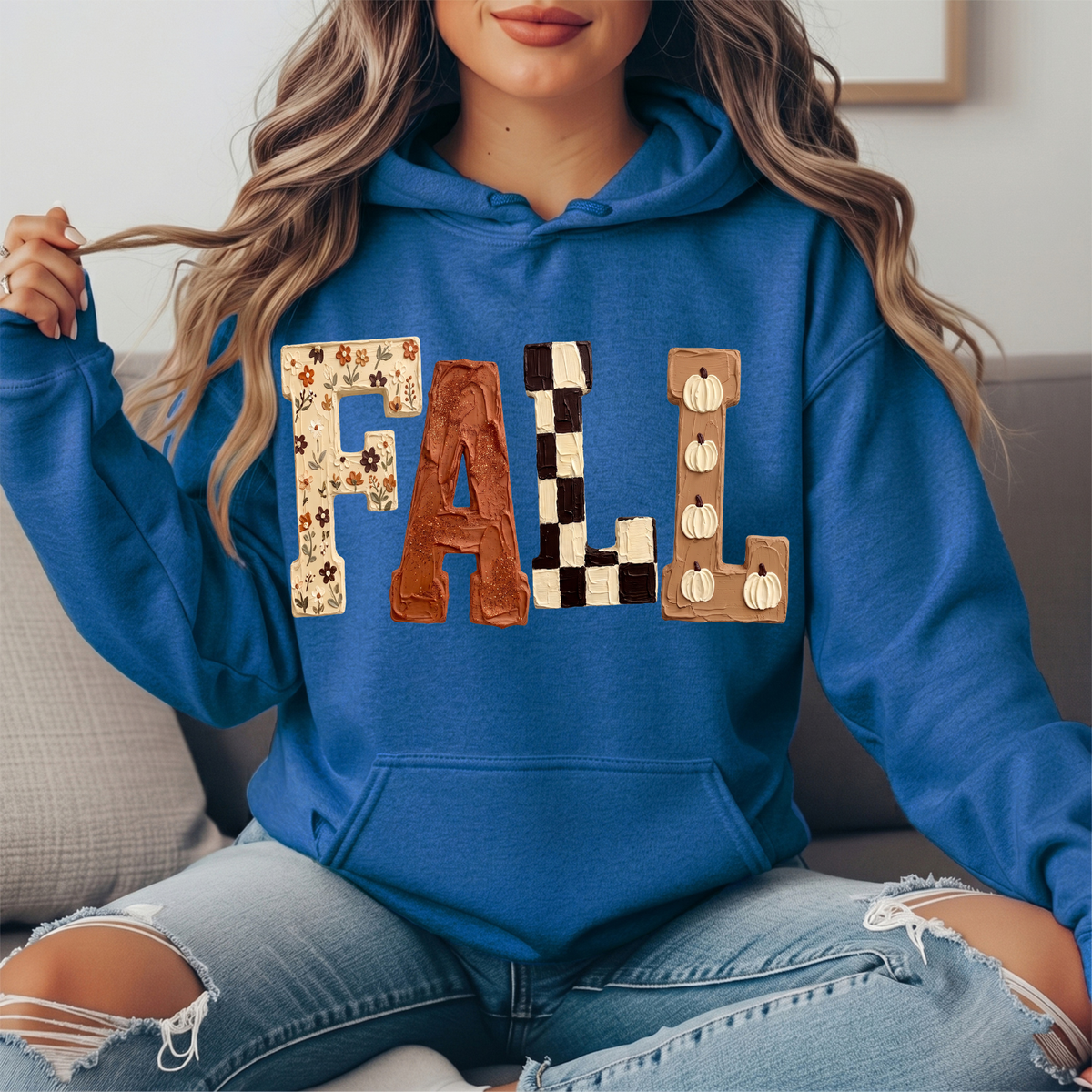 Fall Floral Checkerboard Pumpkin Lettering Graphic Hoodie