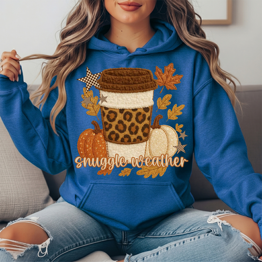 Snuggle Weather Faux Embroidery Coffee Hoodie Sweatshirt