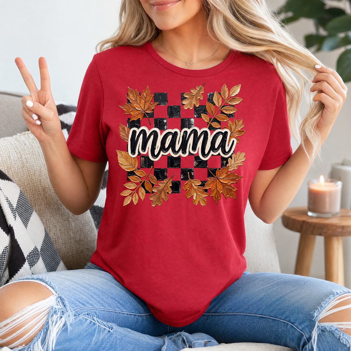 Mama Fall Leaves & Checkerboard Graphic Tee