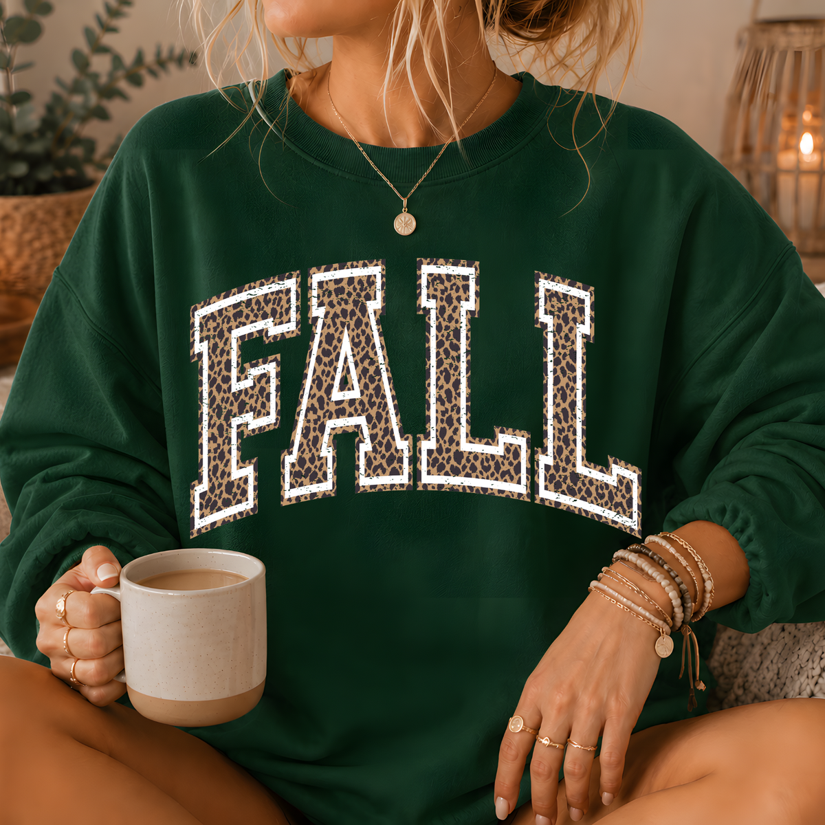 Fall Leopard Print Varsity Crewneck Sweatshirt
