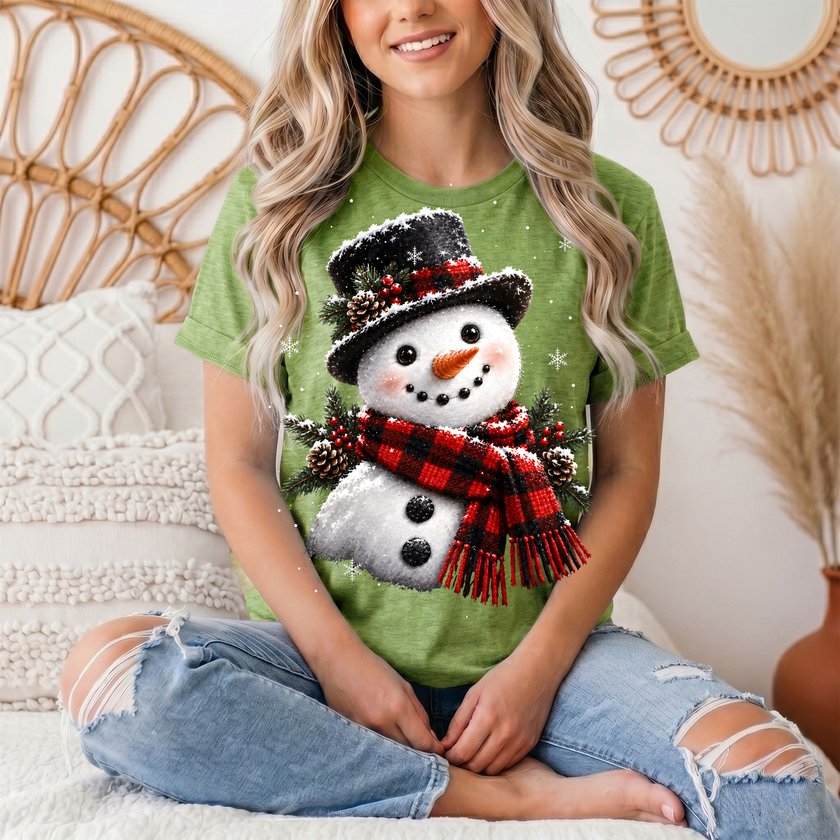 Snowman Buffalo Plaid Scarf Christmas Graphic Tee
