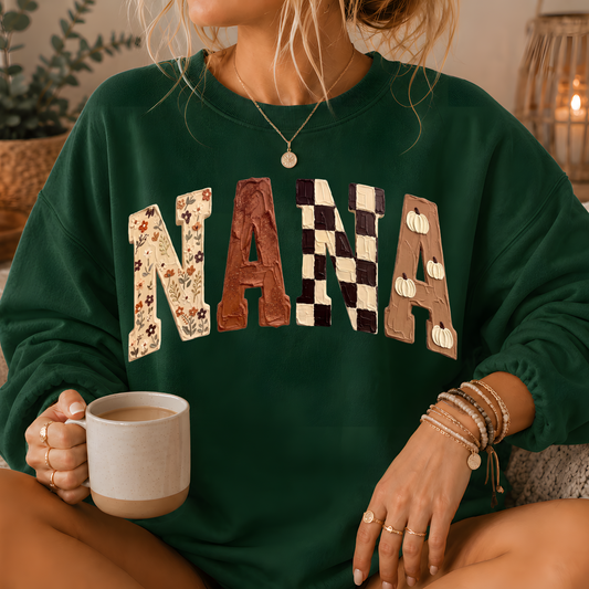 Nana Fall Patchwork Print Crewneck Sweatshirt