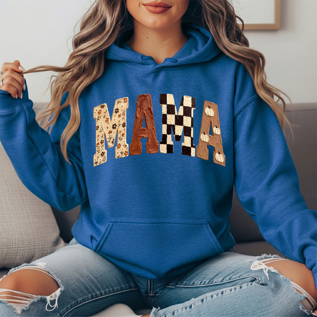 Mama Fall Floral, Checkerboard & Pumpkin Graphic Hoodie