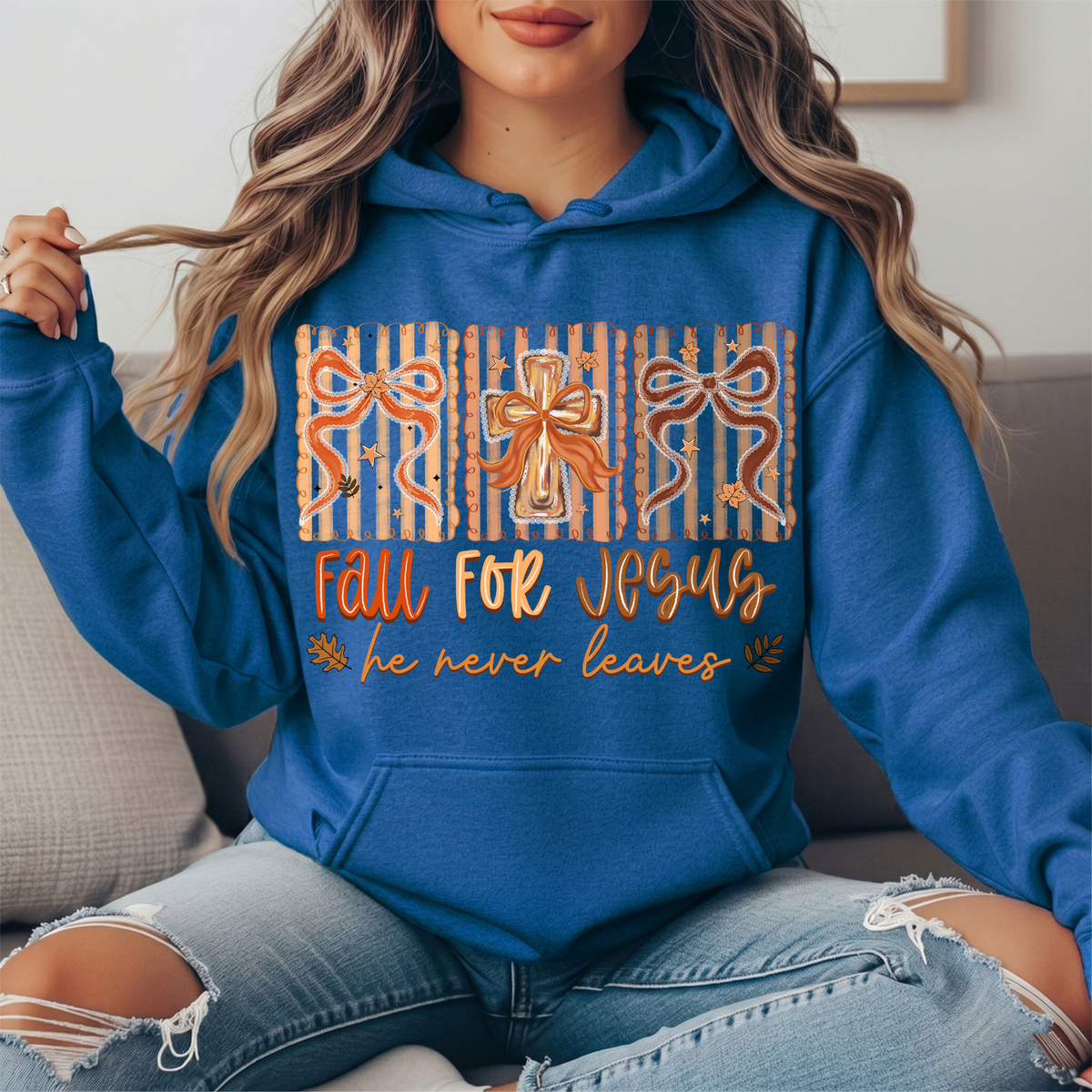 Fall for Jesus He Never Leaves Bow Cross Graphic Hoodie