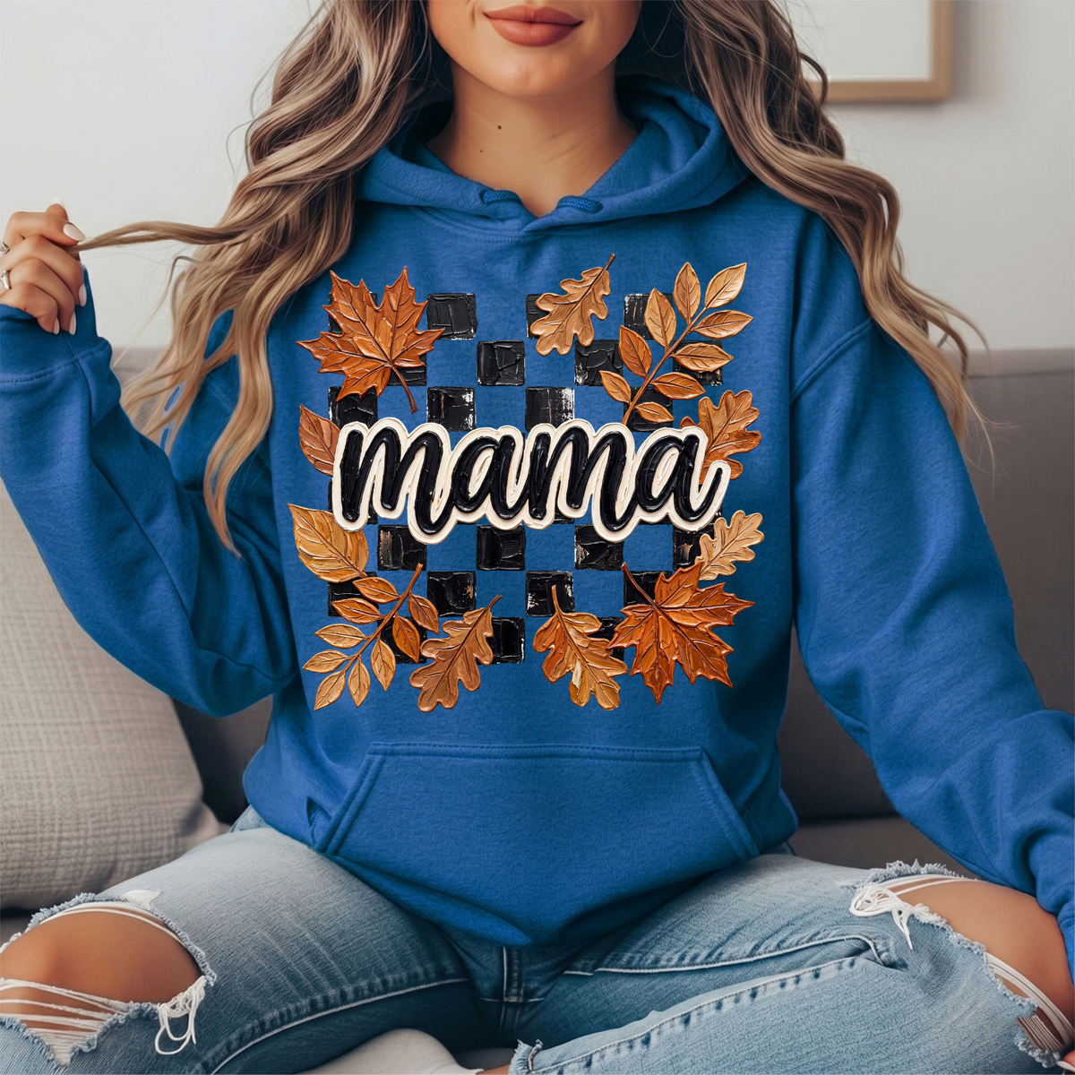 Mama Fall Leaves Checkerboard Graphic Hoodie