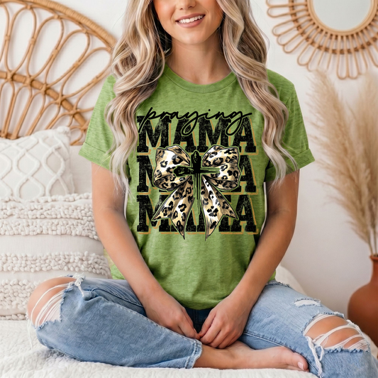 Praying Mama Leopard Bow & Cross Graphic Tee