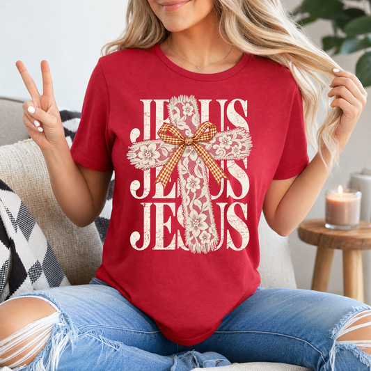 Jesus Lace Cross & Gingham Bow Christian Graphic Tee