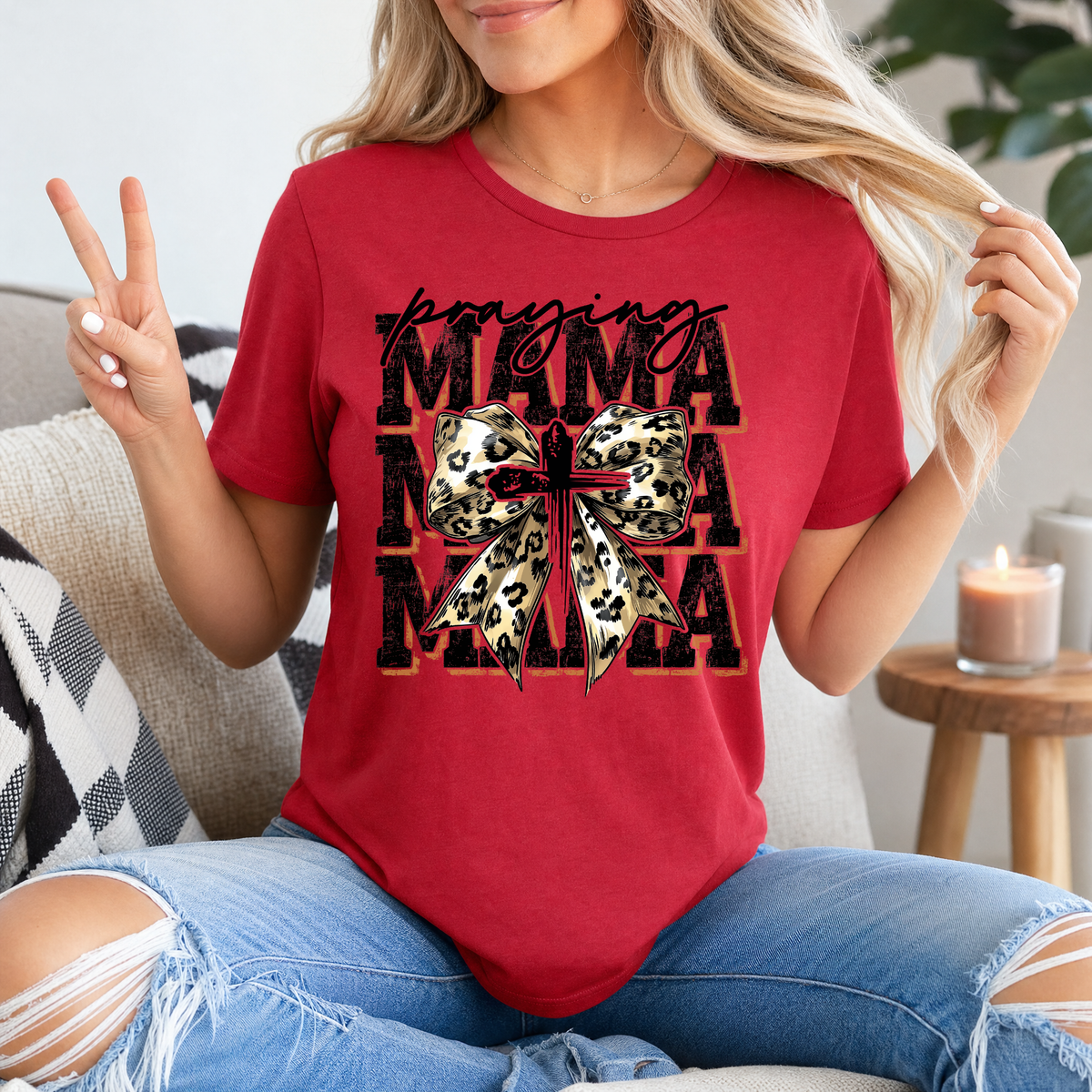 Praying Mama Leopard Bow & Cross Graphic Tee