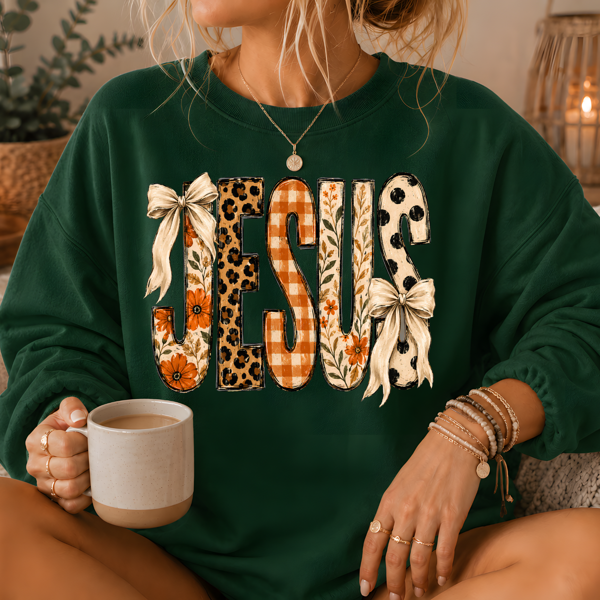 Jesus Mixed Print Bow Crewneck Sweatshirt