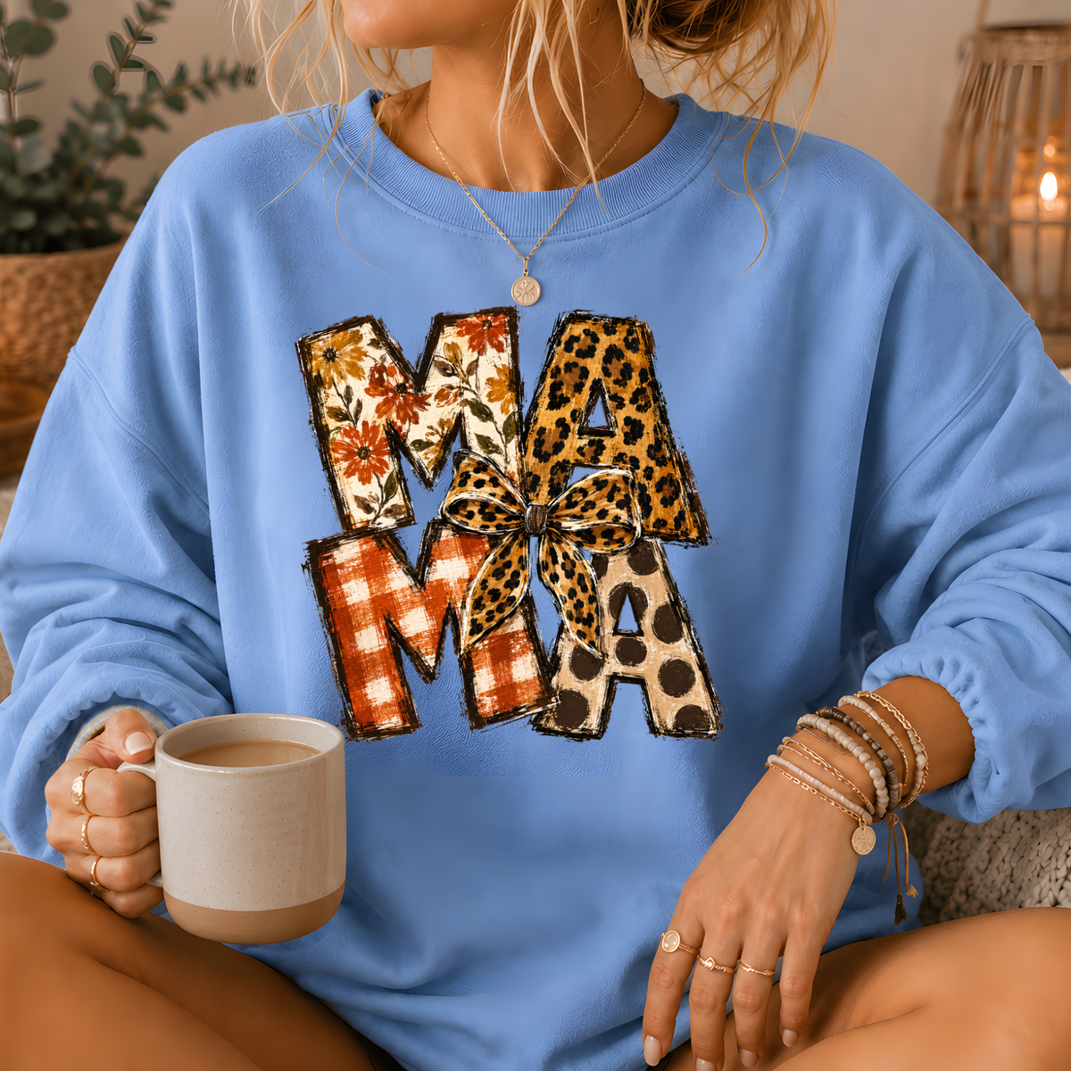 Mama Mixed Print Bow Crewneck Sweatshirt