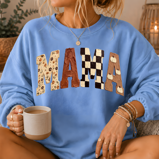 Mama Fall Patchwork Print Crewneck Sweatshirt