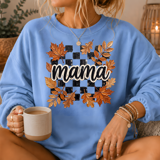 Mama Fall Leaves Checkerboard Crewneck Sweatshirt