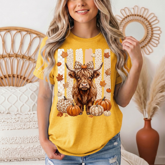 Fall Highland Cow Leopard Bow & Pumpkin Graphic Tee