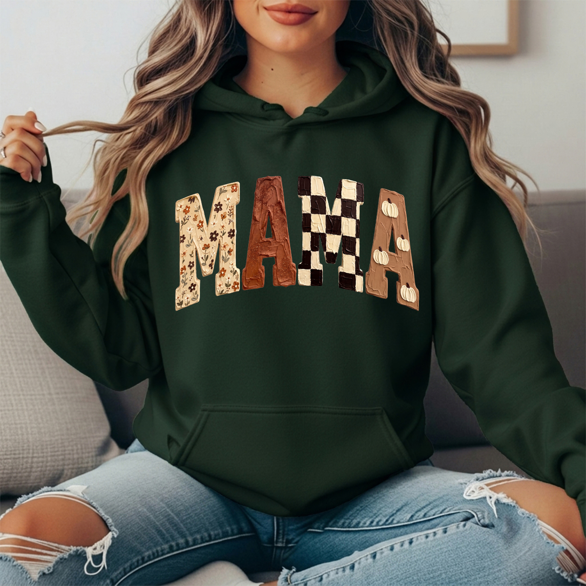 Mama Fall Floral, Checkerboard & Pumpkin Graphic Hoodie