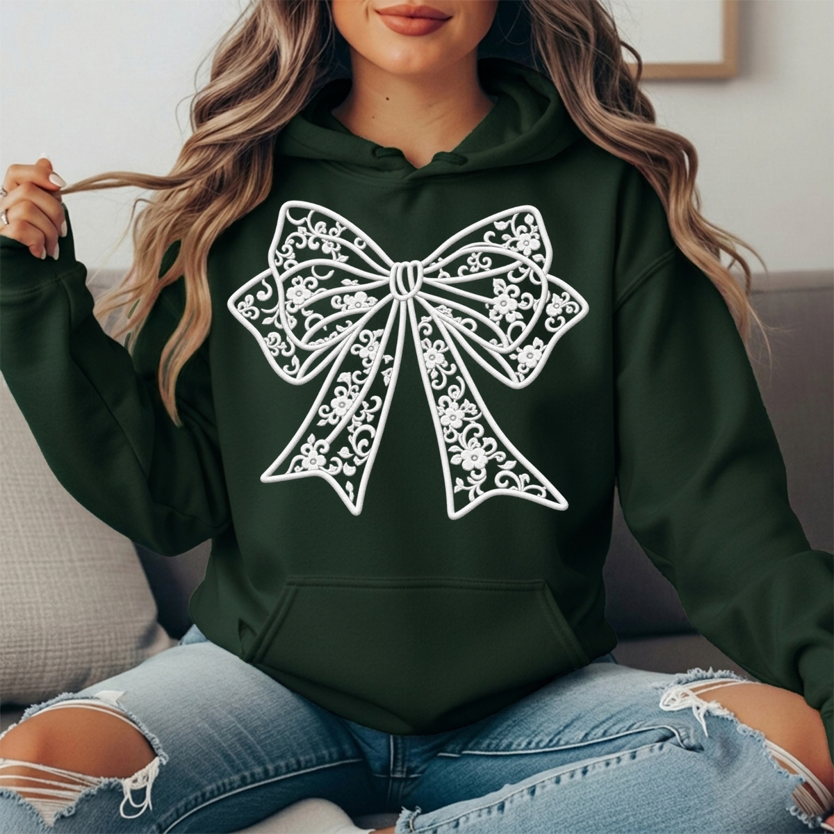 Floral Lace Bow Graphic Hoodie