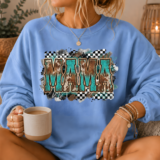 Mama Turquoise Cow Print Western Crewneck Sweatshirt