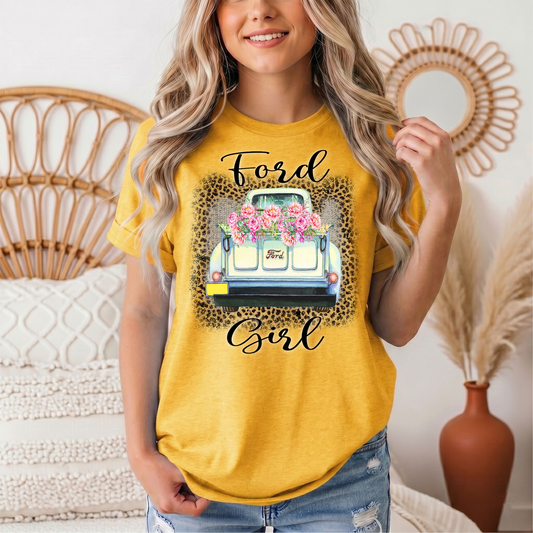 Ford Girl Floral Vintage Truck & Leopard Graphic Tee