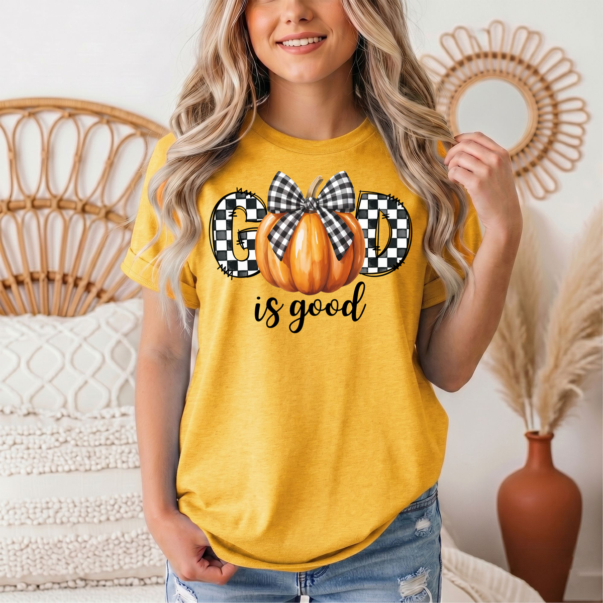 God Is Good Pumpkin & Gingham Bow Graphic Tee
