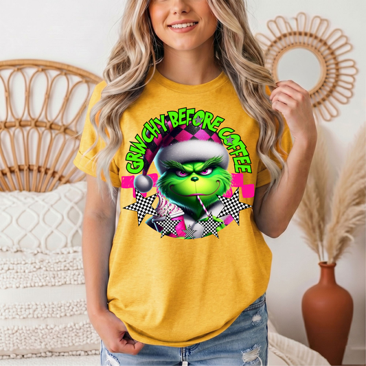 Grinchy Before Coffee Pink Checkerboard Christmas Graphic Tee
