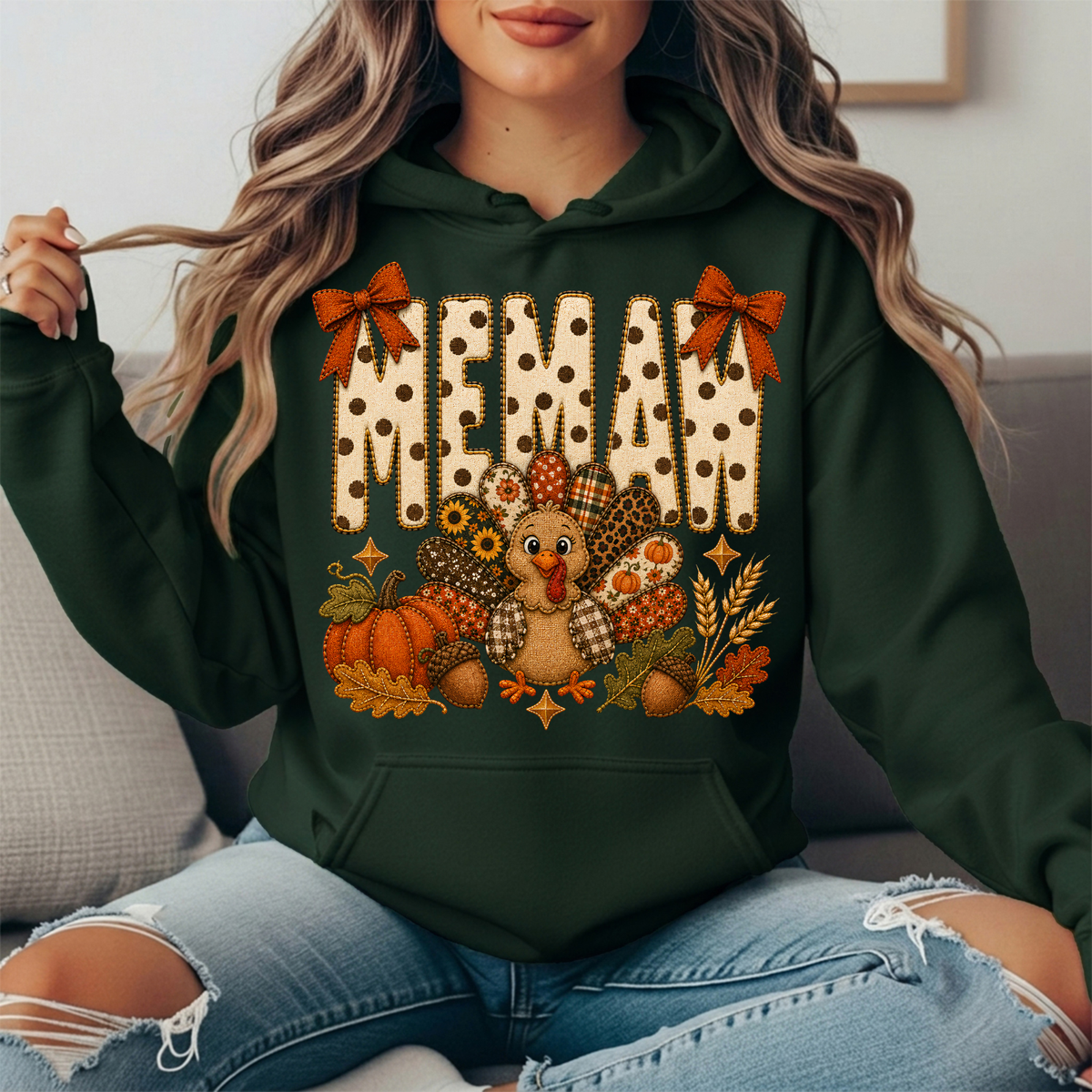 Memaw Thanksgiving Turkey & Rust Bows Graphic Hoodie