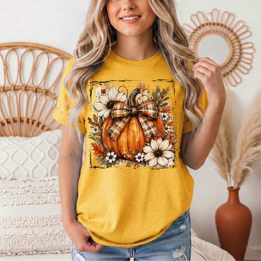 Fall Pumpkin Floral & Plaid Bow Graphic Tee
