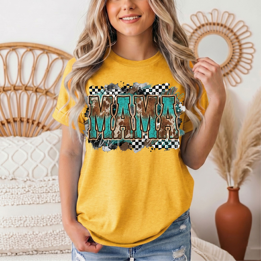 Turquoise & Cow Print Mama Western Graphic Tee