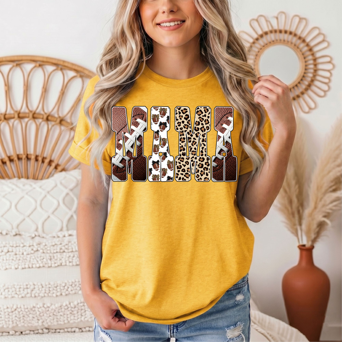 Mama Football & Leopard Mixed Print Graphic Tee
